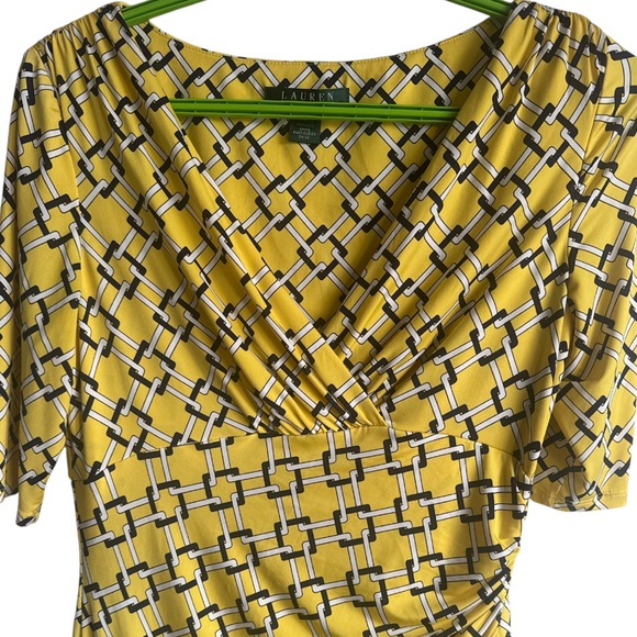 LAUREN RALPH LAUREN Yellow Geometric Faux Wrap Ruched Jersey Dress Size 4 - Picture 3 of 9